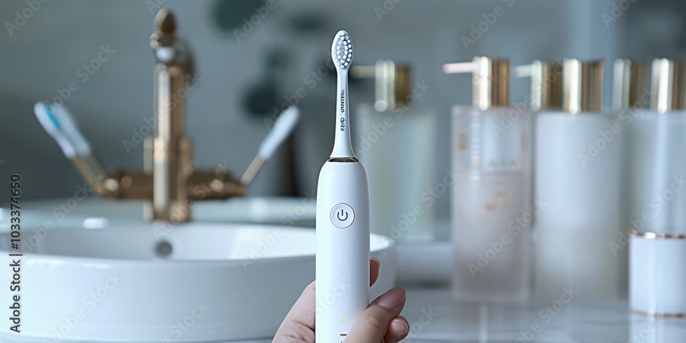 A person holding an electric toothbrush in the bathroom, emphasizing the importance of dental care and oral hygiene. This image highlights the modern approach to protecting teeth and maintaining a hea