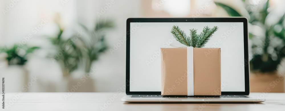 Creative gift presentation unveiling the charm of a wrapped package on a laptop amidst lush indoor plants Creative gift presentation unveiling the charm of a wrapped package on a laptop amidst lush indoor plants
