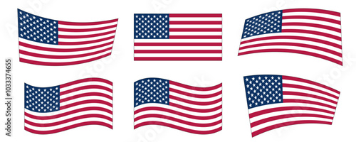 Set of different versions of the American flag, isolated on a transparent background. Design element for US elections, presidential day, independence day or other American national holidays. Vector