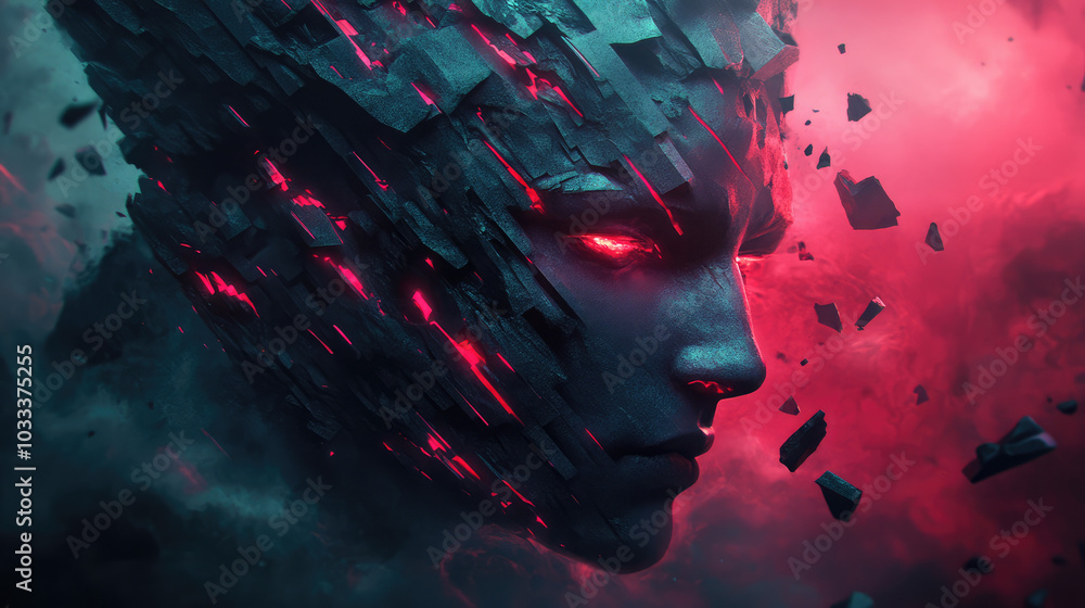 Devil in abstract art, composed of sharp, angular lines and glowing embers, creating an eerie, haunting atmosphere. Devil in abstract art, composed of sharp, angular lines and glowing embers, creating an eerie, haunting atmosphere.