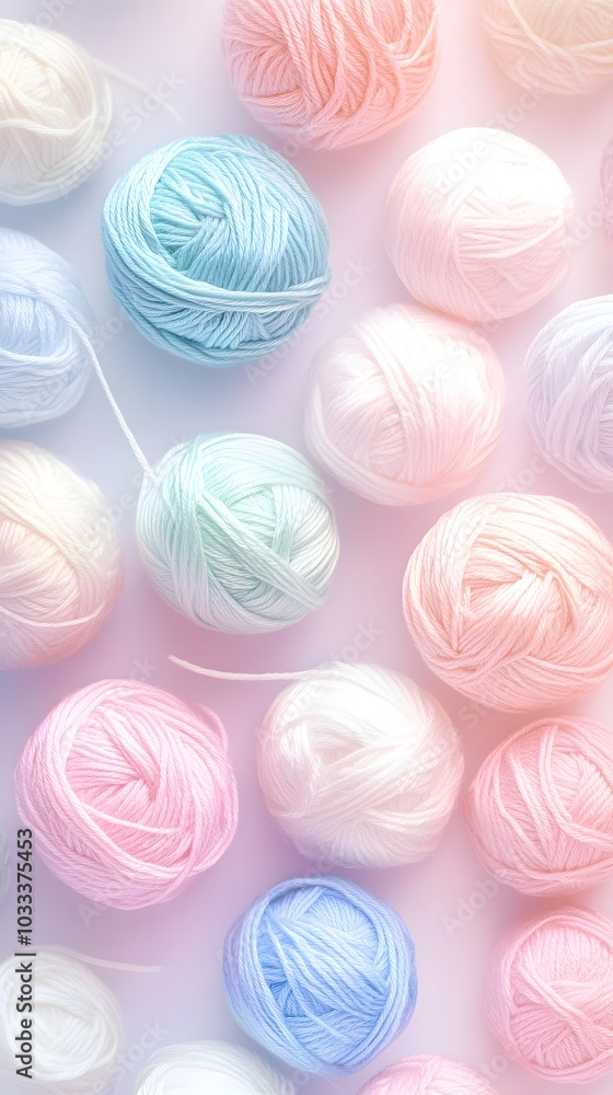A pastel-colored background featuring balls of yarn in various shades, arranged neatly to create an abstract pattern that evokes the feeling of knitting and crocheting A pastel-colored background featuring balls of yarn in various shades, arranged neatly to create an abstract pattern that evokes the feeling of knitting and crocheting
