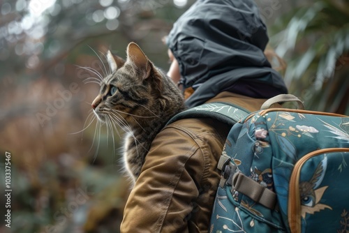 Tabby cat is peeking over the shoulder of a hiker wearing a green backpack, enjoying a day out in nature photo