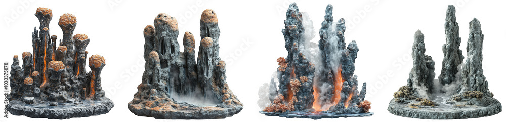 Fototapeta premium Lava rock formations with smoke and glowing elements dramatic scenery transparent background