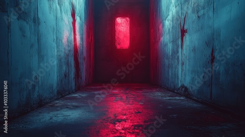 A terrifying, run-down room with claw marks on the walls, a faint red light casting ominous shadows, and plenty of copy space in the foreground for additional content photo