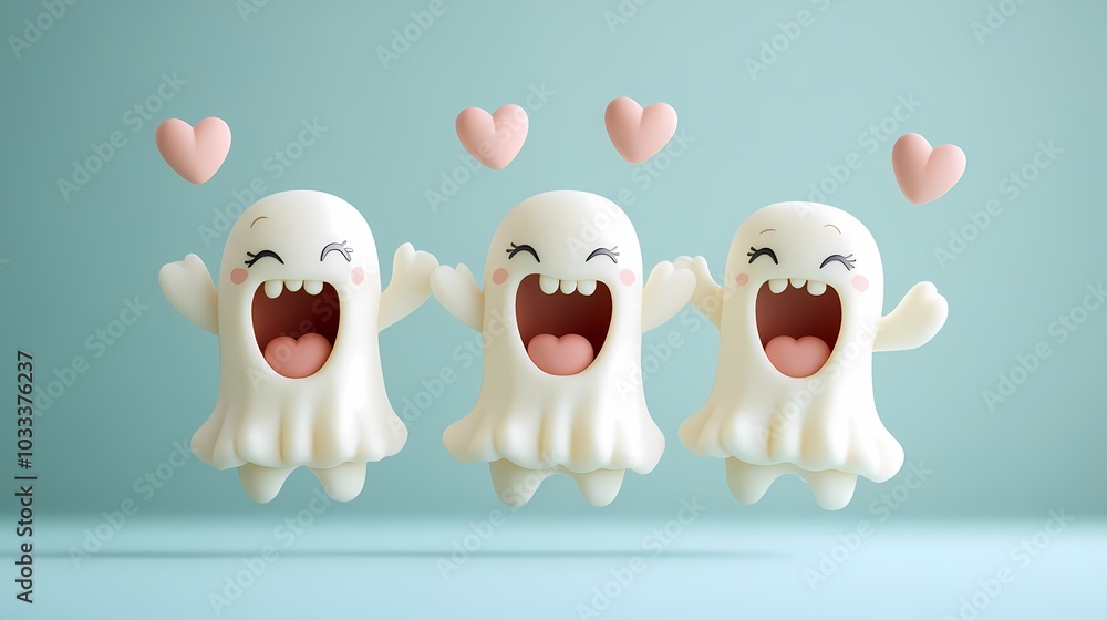 Three playful cartoon ghost characters expressing joy with hearts. Three playful cartoon ghost characters expressing joy with hearts.