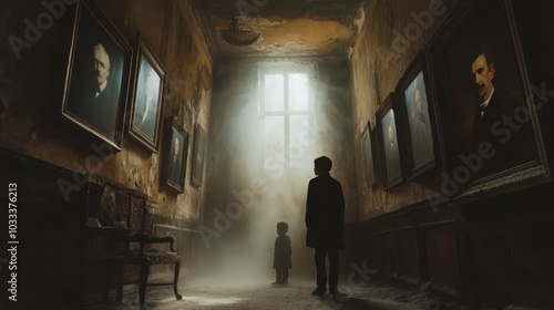 A dark, eerie room with old portraits hanging crookedly on the walls, a thick layer of dust on the floor, and large blank copy space for text or other design elements photo