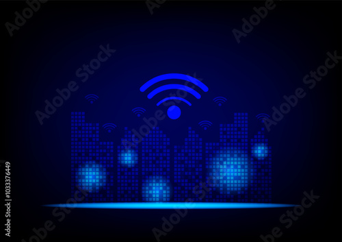 Smart city concept. The glow and neon light of the building with wifi icons of technology on a dark blue background. Metaverse and futuristic city and innovation. Comunication concept.