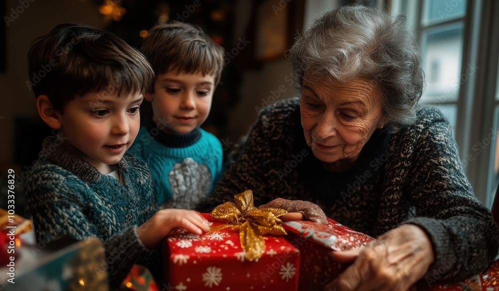 Fototapeta premium Happy family moment with children and elderly woman exchanging gifts by the Christmas tree