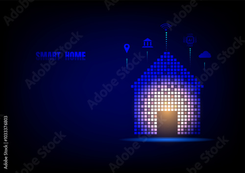 Smart home concept. The glow and neon light of the house with icons of technology on a dark blue background. Metaverse and futuristic city and innovation.