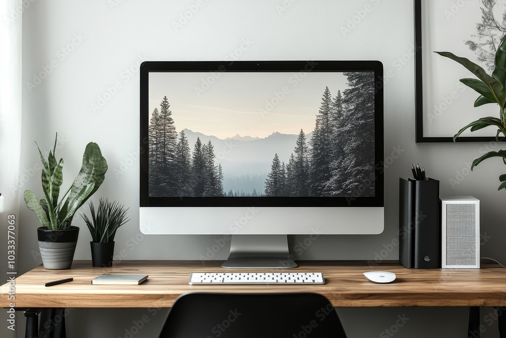 Elegant minimalist workspace with natural wood console and black chair, perfect for a calm and focused work environment. Mock up paitnings, Generative AI Elegant minimalist workspace with natural wood console and black chair, perfect for a calm and focused work environment. Mock up paitnings, Generative AI