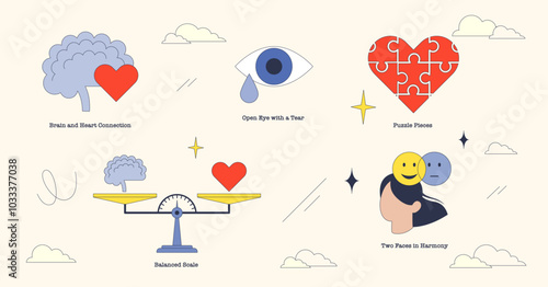 Emotional intelligence is depicted through brain-heart connection, balanced scale, and puzzle heart. Neubrutalism style collection