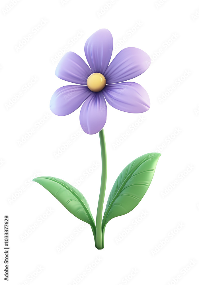A single purple flower with yellow center and green leaves. A single purple flower with yellow center and green leaves.