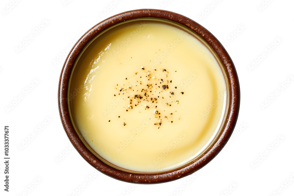 Pot of delicious cheese fondue top view isolated on white background Pot of delicious cheese fondue top view isolated on white background
