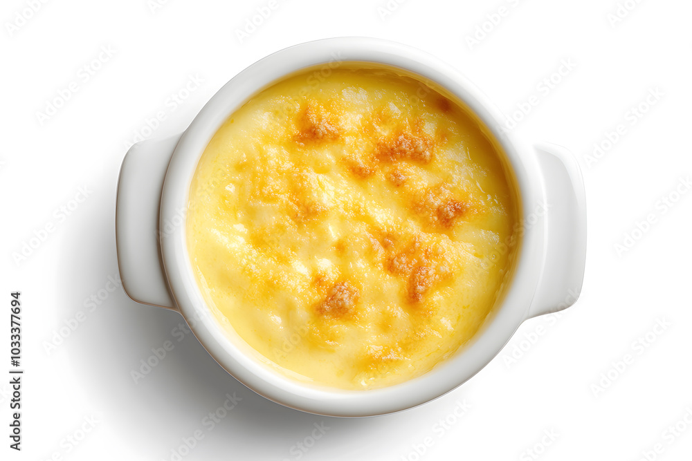 Pot of delicious cheese fondue top view isolated on white background Pot of delicious cheese fondue top view isolated on white background