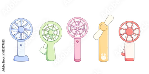 Cute portable electric fan. Cartoon vector illustration set of handheld and stand summer cooling device with propeller. Small air ventilation climate equipment. Handy electronic mini ventilator.