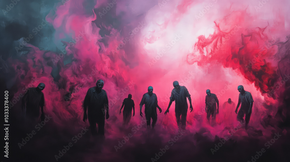 In a surreal scene, zombies rise from an ethereal mist, surrounded by bizarre, abstract shapes and floating objects that create a haunting and disorienting atmosphere. In a surreal scene, zombies rise from an ethereal mist, surrounded by bizarre, abstract shapes and floating objects that create a haunting and disorienting atmosphere.