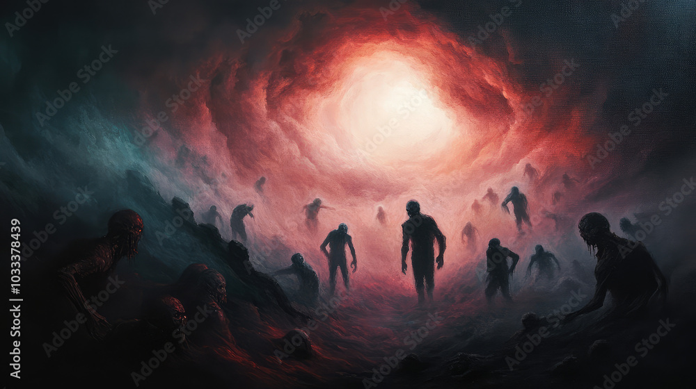 The painting depicts zombies materializing from a dense, dreamlike fog, with twisted backgrounds and surreal, floating forms, merging horror with a sense of eerie beauty. The painting depicts zombies materializing from a dense, dreamlike fog, with twisted backgrounds and surreal, floating forms, merging horror with a sense of eerie beauty.
