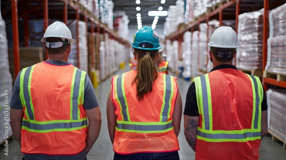 Three Workers in a Warehouse Wearing Safety Gear. Three Workers in a Warehouse Wearing Safety Gear.