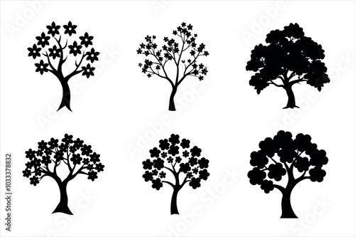 cherry blossom tree silhouette illustration - black wild apricots and sakura  on white