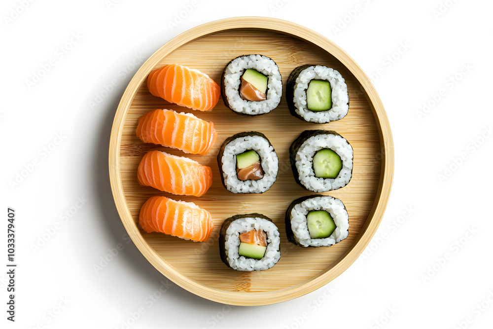 Sushi with salmon, cucumber, avocado on round bamboo plate top view, white background Sushi with salmon, cucumber, avocado on round bamboo plate top view, white background