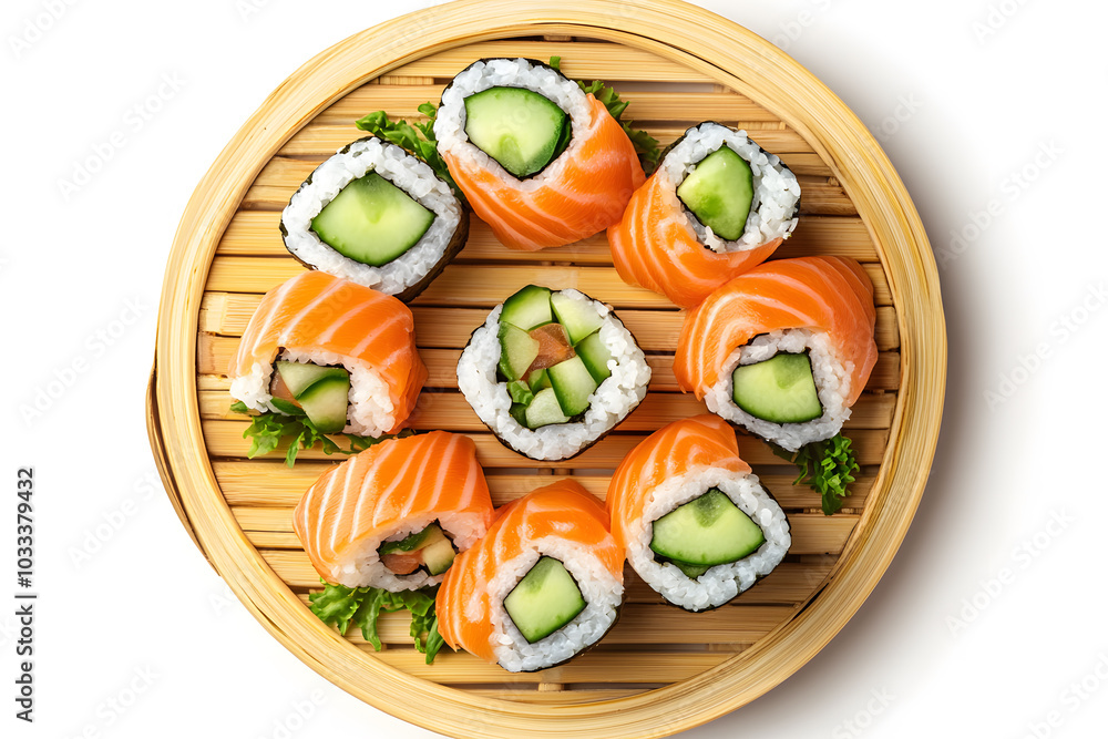 Sushi with salmon, cucumber, avocado on round bamboo plate top view, white background Sushi with salmon, cucumber, avocado on round bamboo plate top view, white background