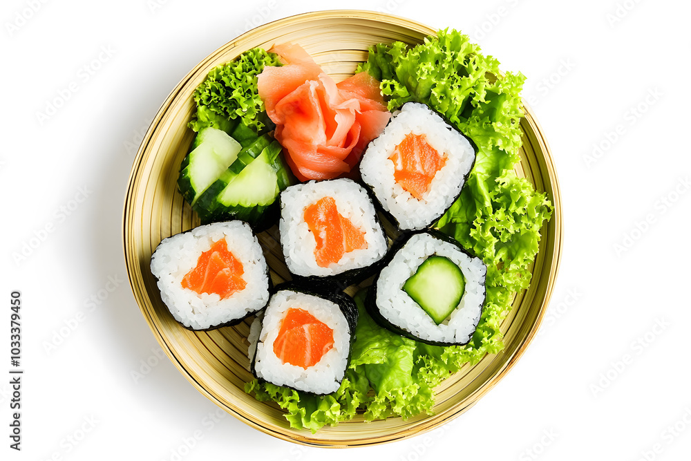 Sushi with salmon, cucumber, avocado on round bamboo plate top view, white background Sushi with salmon, cucumber, avocado on round bamboo plate top view, white background