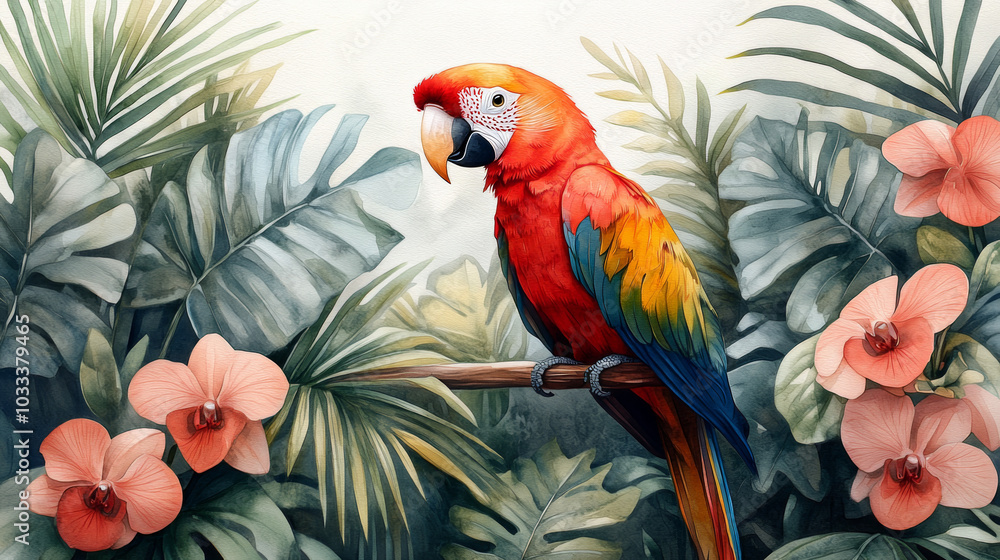 Obraz premium Colorful Macaw Parrot Among Tropical Plants, Palm Leaves, and Orchids in Lush Environment