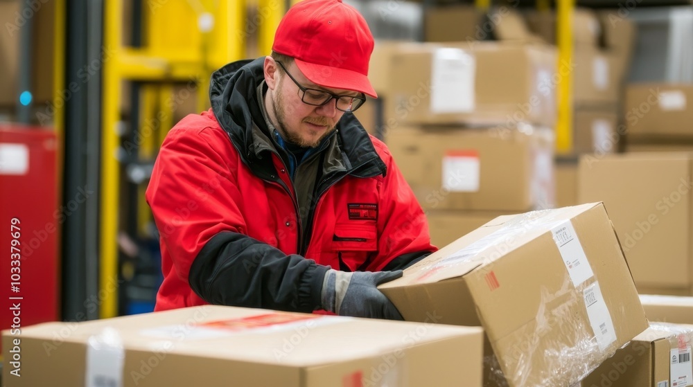 Warehouse worker lifting cardboard box. Warehouse worker lifting cardboard box.