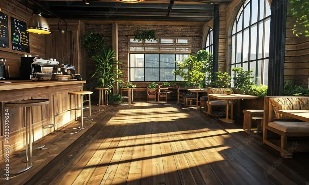 A cozy caf interior with wooden decor, plants, and large windows allowing natural light. A cozy caf interior with wooden decor, plants, and large windows allowing natural light.