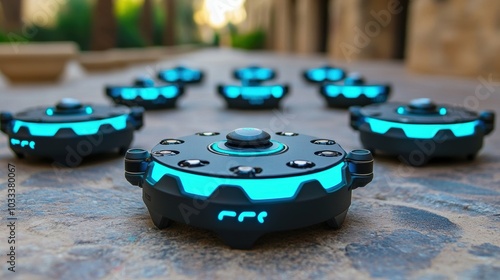 A group of small, glowing futuristic robots arranged in formation on a textured outdoor surface, showcasing advanced robotics and swarm technology.