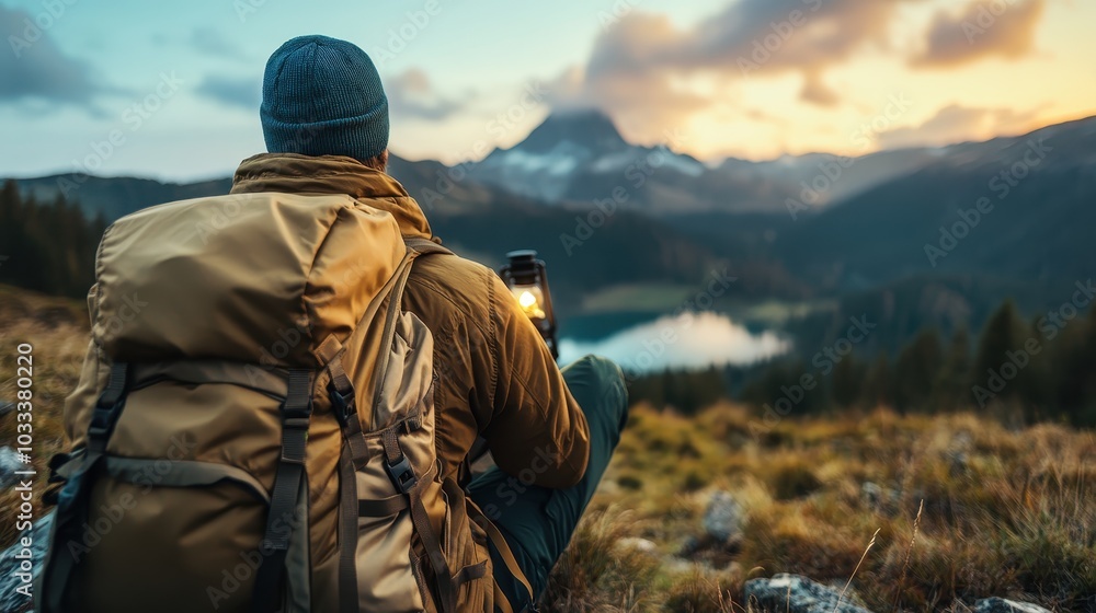 A hiker, seated with a trekking backpack and lantern, enjoys solitude against a backdrop of rolling hills and a serene lake during a misty sunrise. A hiker, seated with a trekking backpack and lantern, enjoys solitude against a backdrop of rolling hills and a serene lake during a misty sunrise.