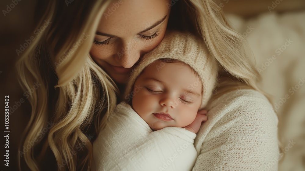 A warm and touching moment captured between a mother and her baby, depicting tender love, warmth, and the unique bond shared, displayed with delicate softness. A warm and touching moment captured between a mother and her baby, depicting tender love, warmth, and the unique bond shared, displayed with delicate softness.