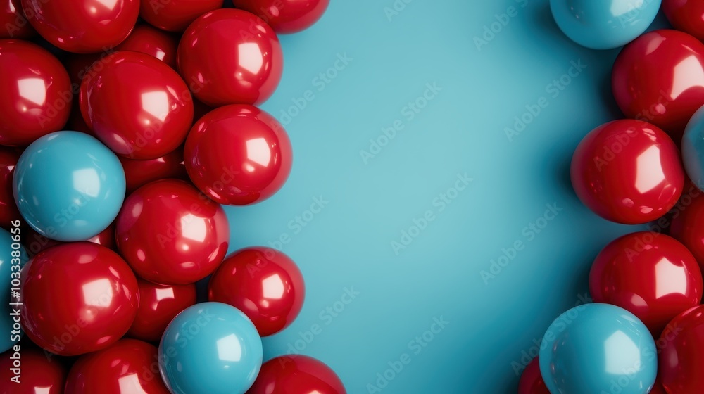 An abstract arrangement of glossy red and blue spheres creating a striking contrast on a turquoise backdrop, encapsulating balance, innovation, and modern art principles. An abstract arrangement of glossy red and blue spheres creating a striking contrast on a turquoise backdrop, encapsulating balance, innovation, and modern art principles.