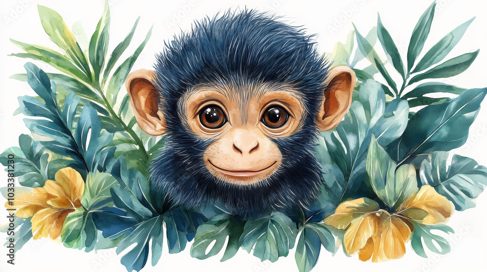 Obraz premium Tropical Monkey and Leaves Watercolor Illustration on White Background