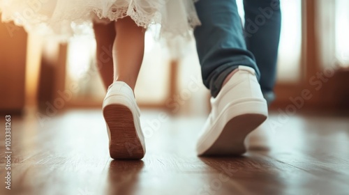 A child and adult walk together in matching white sneakers on a glossy wooden floor, capturing a moment of connection and shared movement indoors. photo