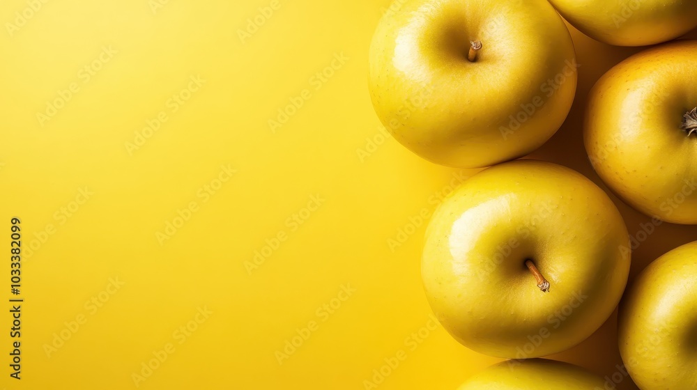 Glossy yellow apples cluster together on a minimal yellow surface, embodying wholesomeness and purity. Their placement creates a simple yet effective visual composition. Glossy yellow apples cluster together on a minimal yellow surface, embodying wholesomeness and purity. Their placement creates a simple yet effective visual composition.