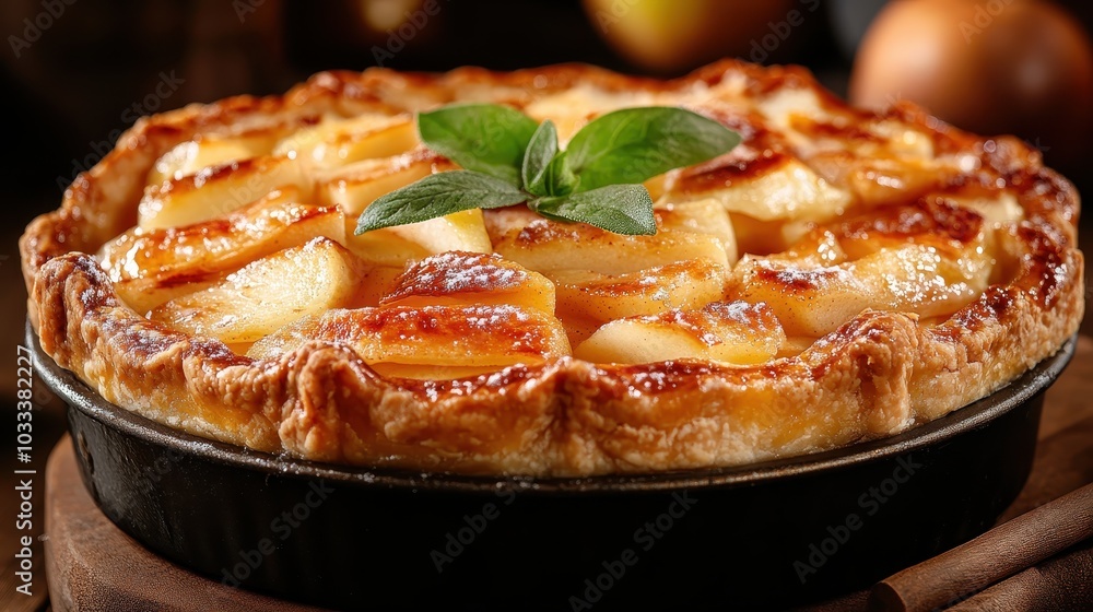 A delicious apple tart with a perfectly golden crust, showcasing meticulously arranged apple slices and a basil leaf for garnish, ideal for dessert lovers. A delicious apple tart with a perfectly golden crust, showcasing meticulously arranged apple slices and a basil leaf for garnish, ideal for dessert lovers.