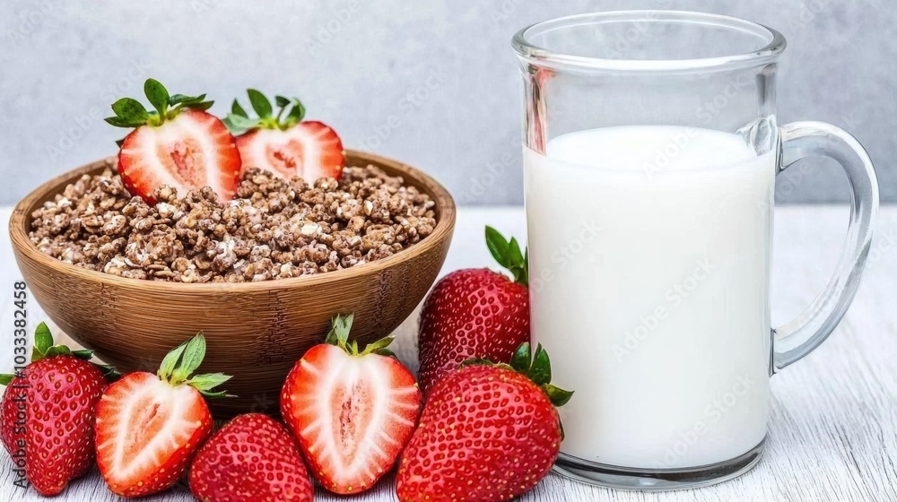 Fresh Strawberries with Crunchy Cereal and Milk Fresh Strawberries with Crunchy Cereal and Milk