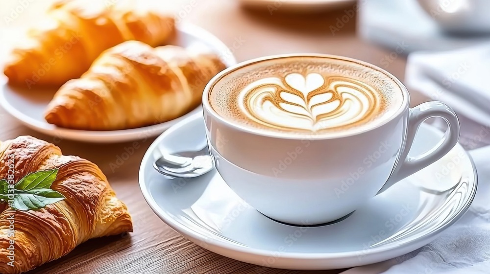 Fresh Coffee and Croissants on Wooden Table Fresh Coffee and Croissants on Wooden Table