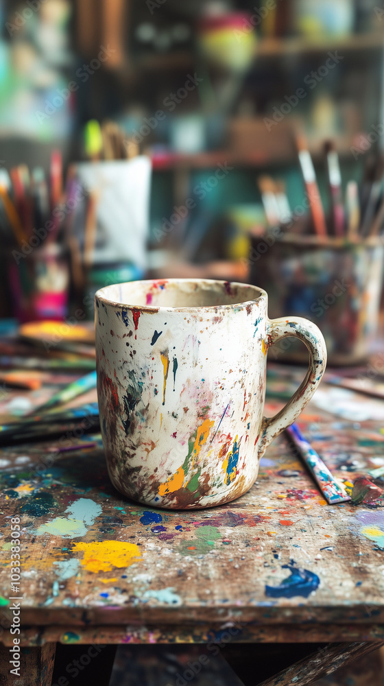 Artistic coffee cup covered in paint stains on a colorful artist's workspace Artistic coffee cup covered in paint stains on a colorful artist's workspace