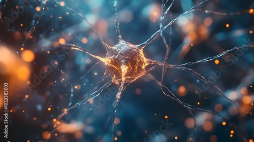 A Close-up of a Glowing Neuron with a Blurred Background of Orange and Blue Lights