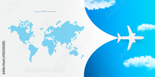 Plane flying on blue sky travel concept, airplane on background. Template passenger journey plane banner, placat, jet commercial aircraft. Vector illustration poster design. [Recovered]