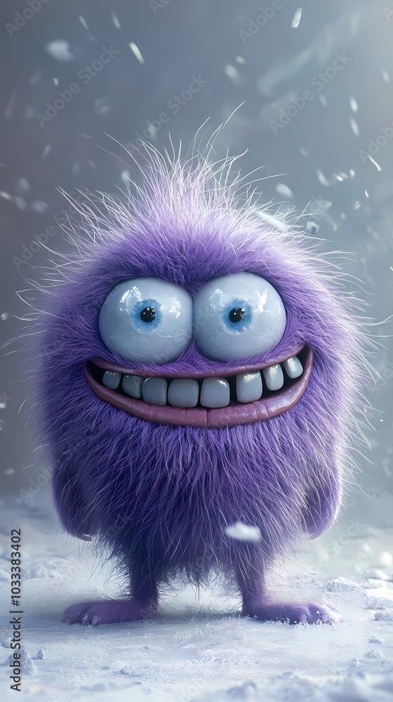 A cheerful purple cartoon monster with big eyes and fluffy fur in a snowy setting.