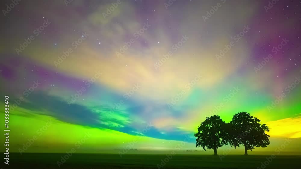 Incredible strong flashing bands of green and red pink illuminate sky from aurora over open grassy field with two trees silhouette Incredible strong flashing bands of green and red pink illuminate sky from aurora over open grassy field with two trees silhouette