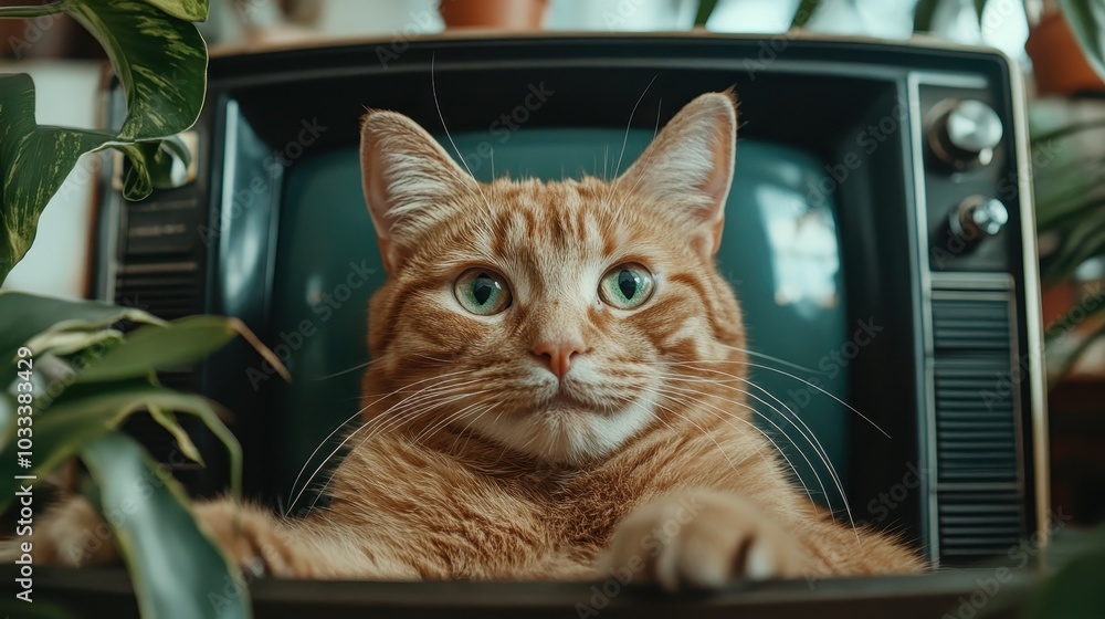 A ginger cat comfortably nestled within a retro television, surrounded by houseplants, evokes a playful and nostalgic ambiance that's both endearing and picturesque. A ginger cat comfortably nestled within a retro television, surrounded by houseplants, evokes a playful and nostalgic ambiance that's both endearing and picturesque.