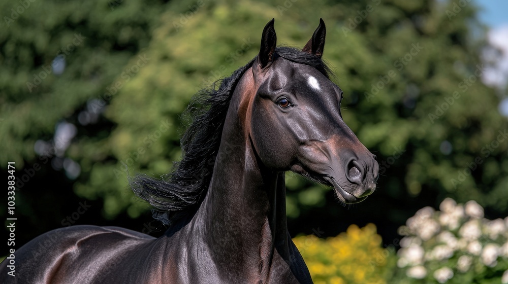 Majestic Black Arabian Stallion Portrait in Meadow Majestic Black Arabian Stallion Portrait in Meadow