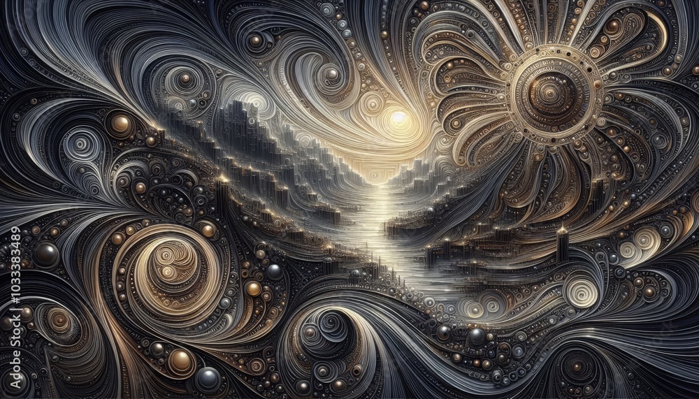 Ornate abstract cityscape with swirling patterns and celestial elements in gold and silver, blending elegance and fantasy Ornate abstract cityscape with swirling patterns and celestial elements in gold and silver, blending elegance and fantasy