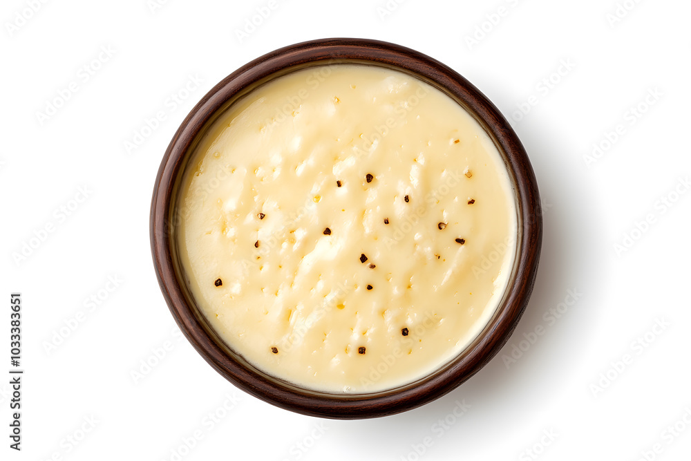Pot of delicious cheese fondue top view isolated on white background Pot of delicious cheese fondue top view isolated on white background