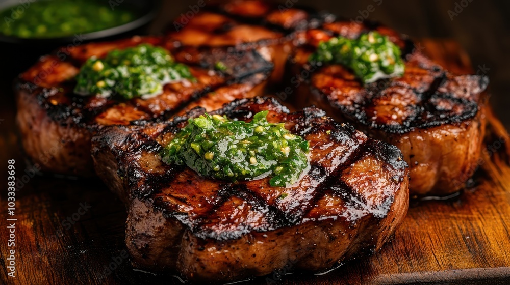 A sumptuous array of charcoal grilled lamb chops is presented with a generous herb dressing on top, embodying a perfect blend of flavors, textures, and culinary finesse. A sumptuous array of charcoal grilled lamb chops is presented with a generous herb dressing on top, embodying a perfect blend of flavors, textures, and culinary finesse.