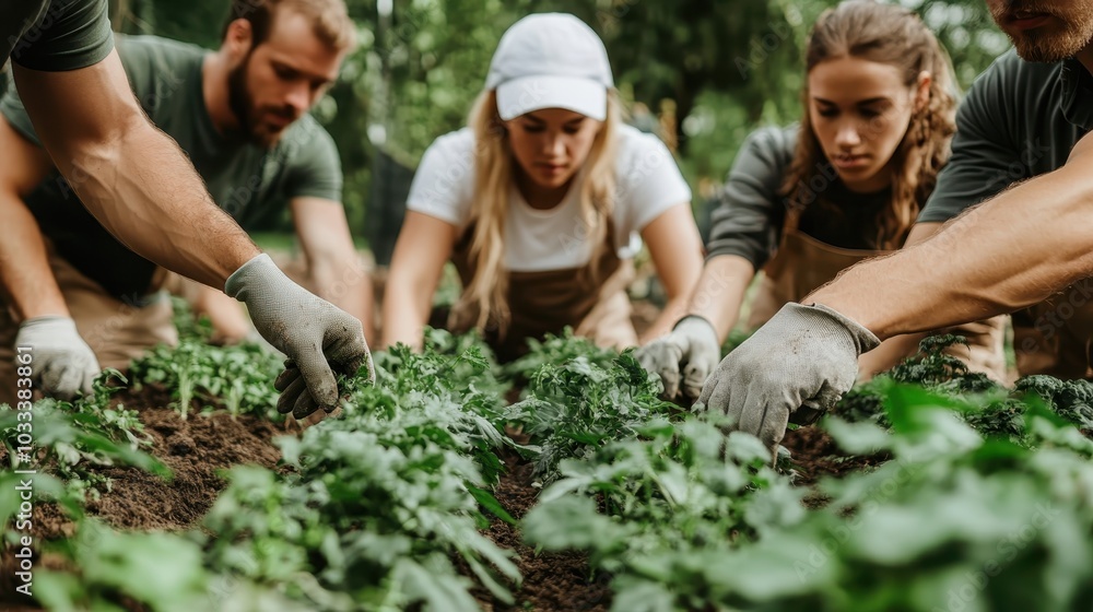 Five people engage in collective gardening activities, each focused on planting, conveying a sense of unity and collaboration in a serene and natural green environment. Five people engage in collective gardening activities, each focused on planting, conveying a sense of unity and collaboration in a serene and natural green environment.
